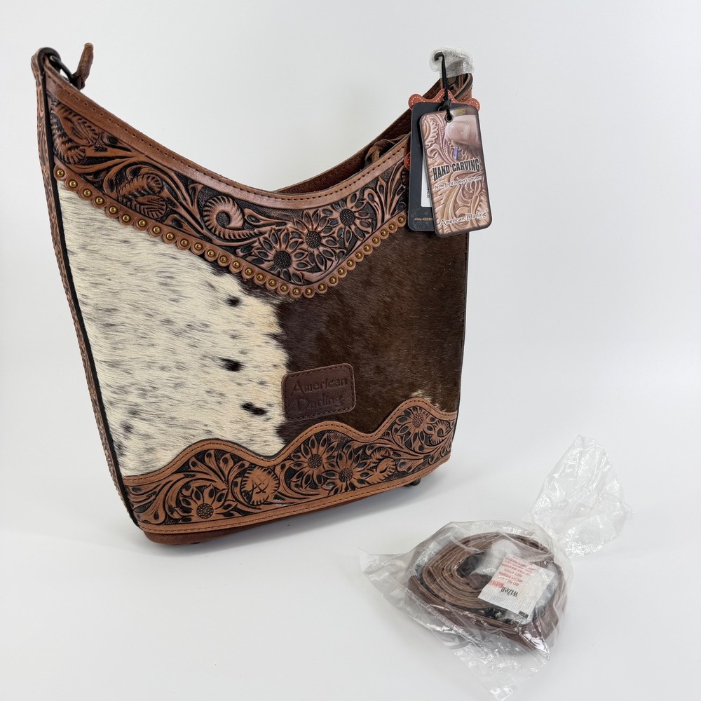 American Darling Hand Carved Leather Hair Cowhide Hobo Bag Brown Tooled NEW